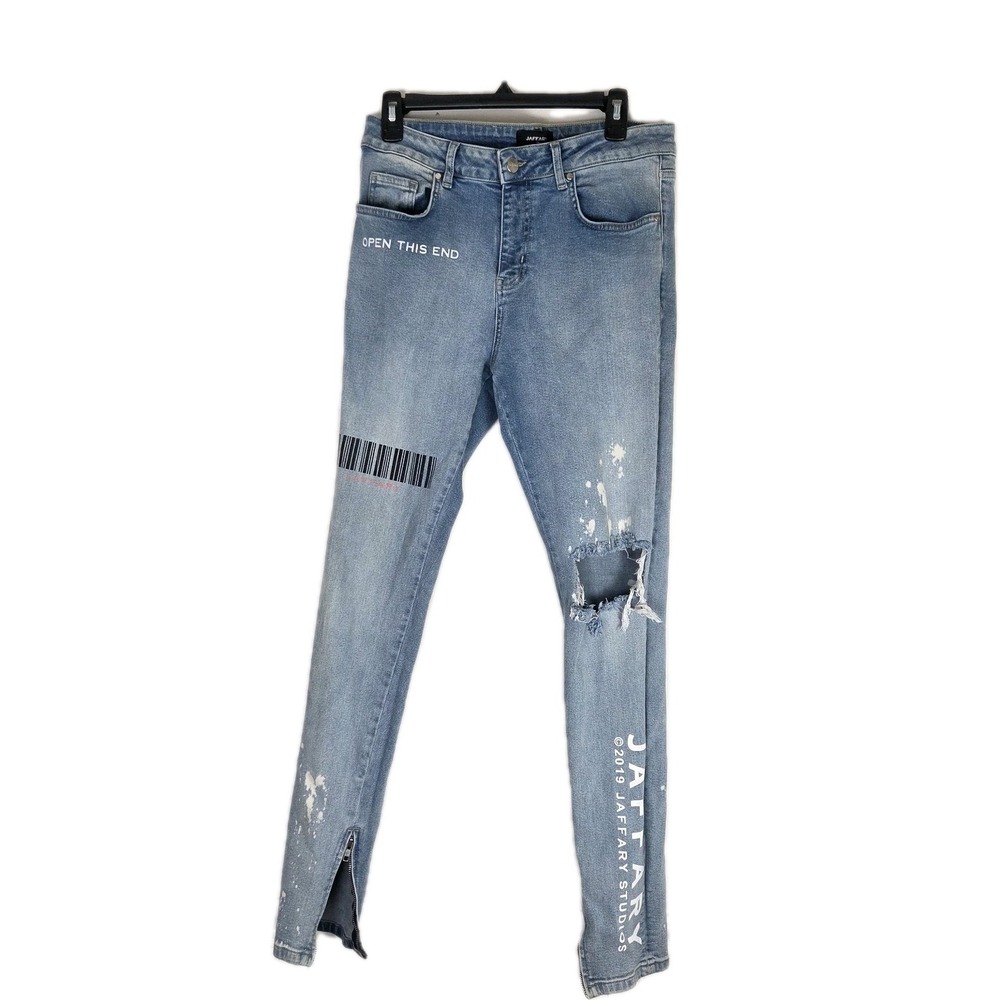 Jaffary Barcode Light‎ Wash Jeans Mens Size 32 X 31 Skinny Distressed Ankle Zip